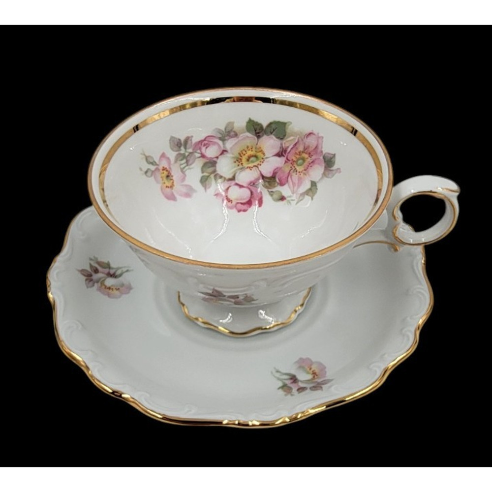 Schumann Arzberg Briar Rose Cup & Saucer Set Bavaria Germany Gold Trim 1950s
